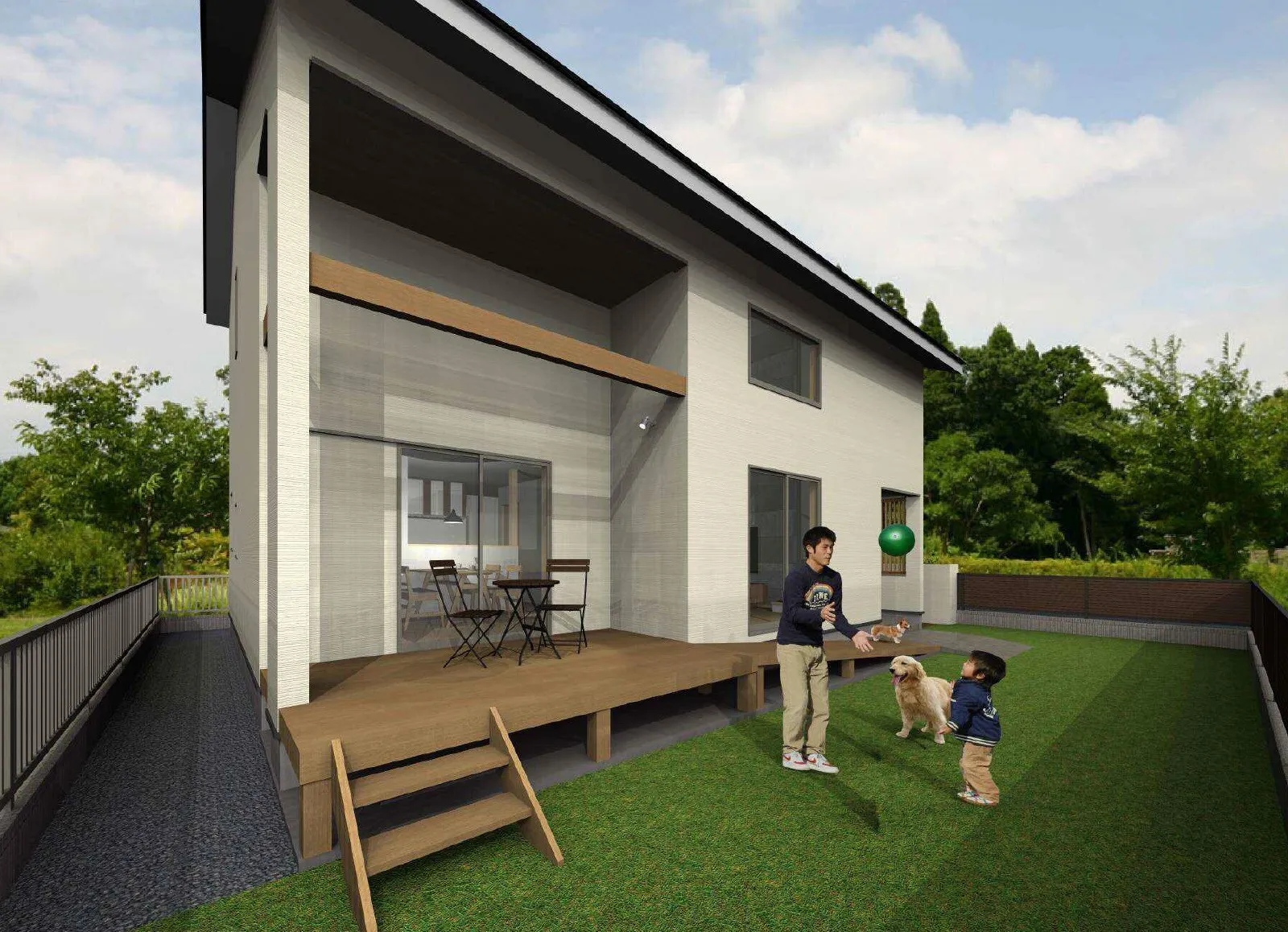 庭で犬と遊ぶ家族が描かれている2階建ての家の外観。ウッドデッキと緑豊かな庭が特徴的な住宅。